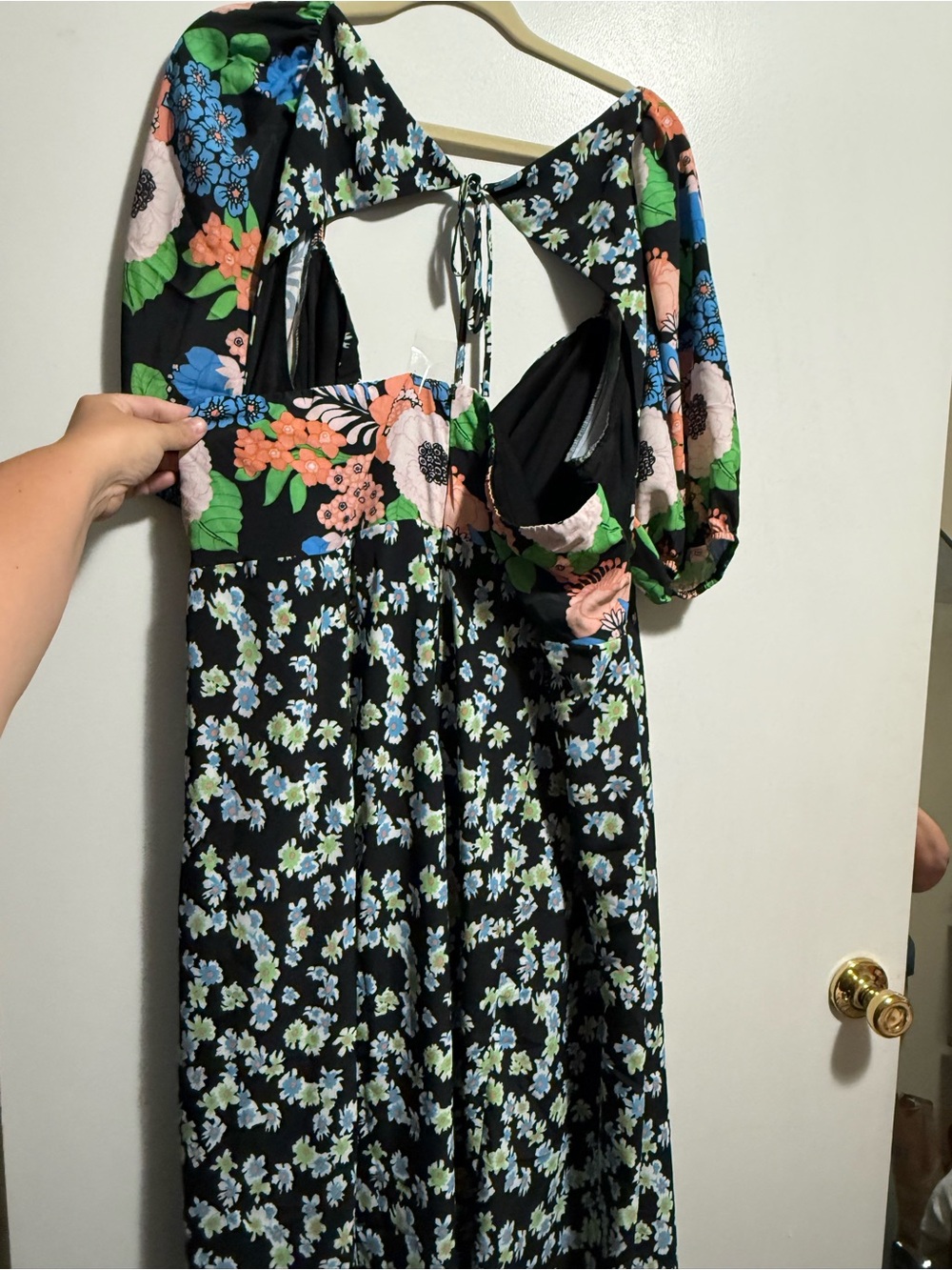 Floral Black Midi Dress with Blue & Green Blooms - Picture 5 of 6